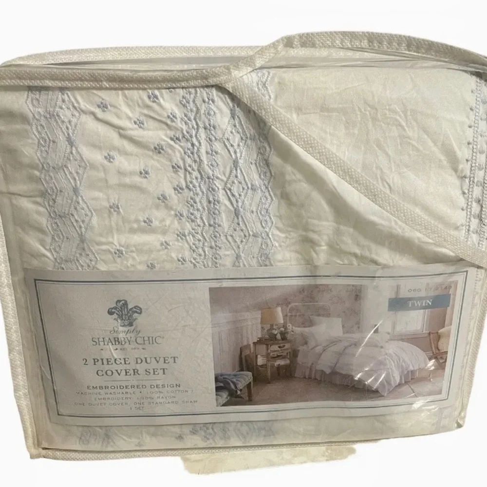 Simply Shabby Chic Duvet Cover With Sham Size Twin White Blue Embroidered Cotton